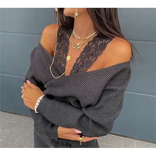 

Women's Blouse Shirt Khaki Beige Gray Plain Lace Long Sleeve Casual Daily Basic V Neck Regular S