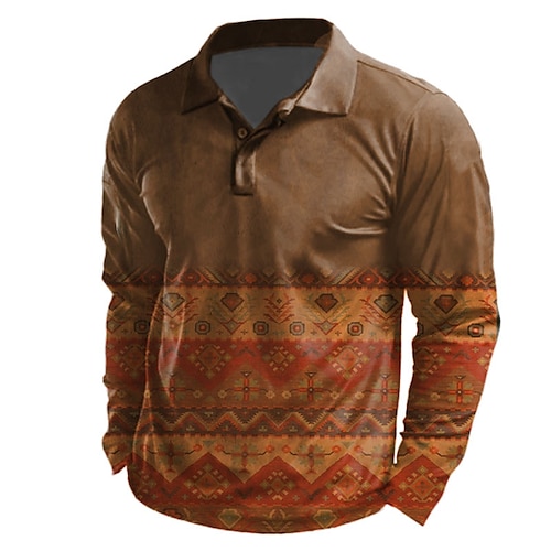 

Men's Polo Shirt Golf Shirt Tribal Graphic Prints Geometry Turndown Black Khaki Brown 3D Print Outdoor Street Long Sleeve Button-Down Print Clothing Apparel Vintage Designer Ethnic Style