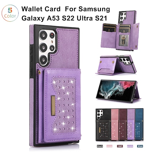

Phone Case For Samsung Galaxy Wallet Card A53 S22 Ultra Plus S21 FE S20 Note 20 Ultra Anti-theft Card Holder Slots Kickstand Solid Colored Crystal Diamond TPU PU Leather