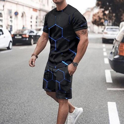 

Men's Shorts and T Shirt Set T-Shirt Outfits Graphic Prints Technology Crew Neck Black 3D Print Outdoor Street Short Sleeve 3D Print Clothing Apparel 2pcs Basic Classic Comfortable Big and Tall