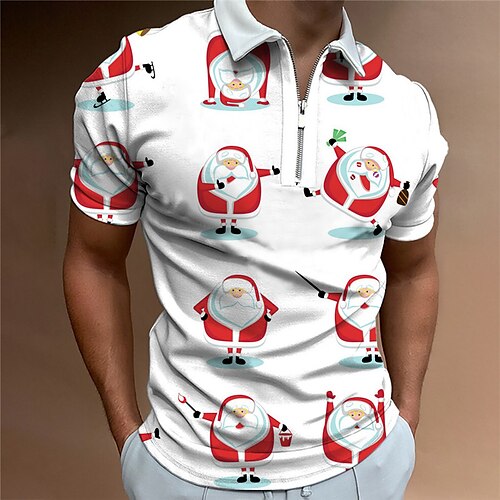 

Men's Collar Polo Shirt Golf Shirt Santa Claus Graphic Prints Turndown White 3D Print Christmas Street Short Sleeves Zipper Print Clothing Apparel Fashion Designer Casual Breathable