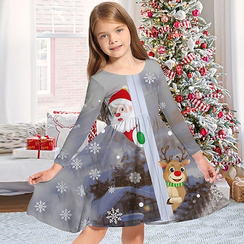 

Kids Girls' Christmas Dress Santa Claus Casual Dress Above Knee Dress Christmas Gifts Crewneck Long Sleeve Adorable Dress 2-13 Years Winter Gray