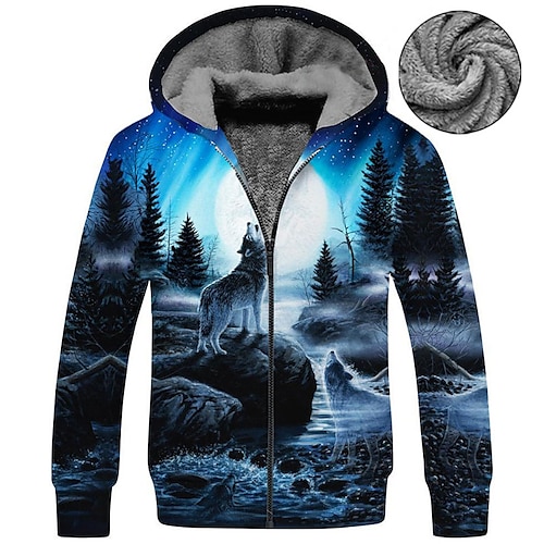 

Men's Fleece Jacket Full Zip Hoodie Fleece Hoodie Sherpa Jacket Blue Hooded Wolf Graphic Prints Zipper Print Sports & Outdoor Daily Sports 3D Print Fleece Streetwear Designer Casual Winter Clothing