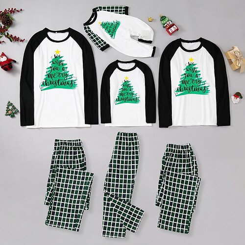 

Christmas Pajamas Family Plaid Letter Star Home Black Long Sleeve Basic Matching Outfits