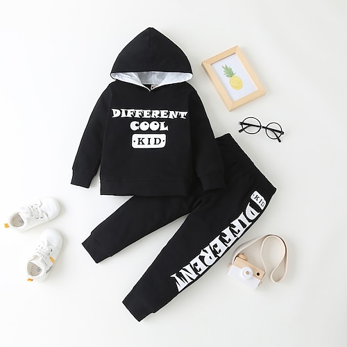 

2 Pieces Toddler Boys Hoodie & Pants Outfit Letter Long Sleeve Set Outdoor Fashion Daily Winter Fall 3-7 Years Black