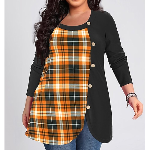 

Women's Plus Size Tops Blouse Plaid Button Print Long Sleeve Crew Neck Casual Modern Daily Vacation Polyester Winter Fall Yellow