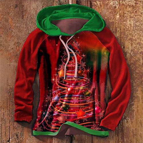 

Men's Pullover Hoodie Sweatshirt Green / Red Red green Red Hooded Color Block Christmas Tree Graphic Prints Patchwork Print Christmas Sports & Outdoor Daily 3D Print Streetwear Designer Casual Spring