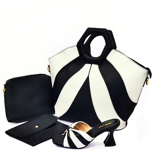

cross-border 2022 european and american handbag multi-piece set matching high-heeled sandals and slippers for women striped pattern all-match style 37-43