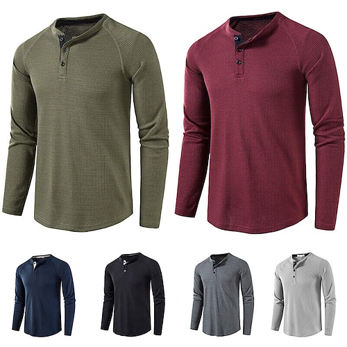 

Men's T shirt Tee Waffle Henley Shirt Long Sleeve Shirt Plain Crew Neck Street Casual Long Sleeve Button-Down Clothing Apparel Fashion Classic Comfortable Big and Tall