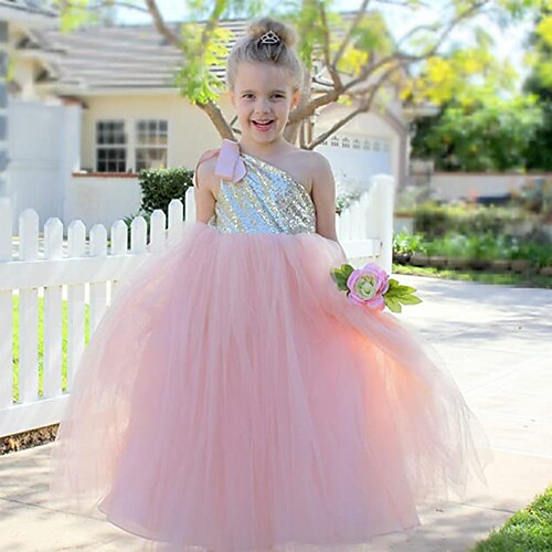 

Kids Girls' Dress Solid Color A Line Dress Knee-length Dress Performance One Shoulder Sleeveless Adorable Dress 3-8 Years Winter Black Pink Champagne