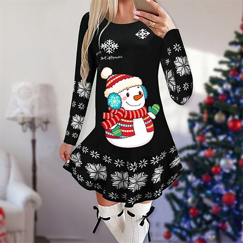 

Women's Christmas Casual Dress Mini Dress Green Black Red Long Sleeve Snowman Print Winter Fall Autumn Crew Neck Stylish 2022 S M L XL 2XL