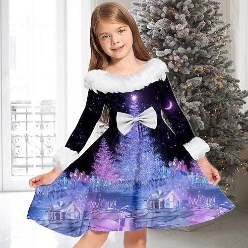 

Kids Girls' Christmas Dress Christmas Tree Casual Dress Above Knee Dress Christmas Gifts Fur Trim Crew Neck Long Sleeve Adorable Dress 2-13 Years Winter Purple