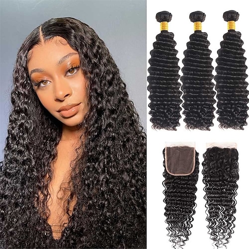 

Deep Wave Human Hair Bundles Deep Wave Hair 3 Bundles with Closure (14 16 1812 Free Part) 100% Unprocessed Human Hair 4x4 Lace Closure with Bundles Deep Wave Curly Human Hair Extensions Natura