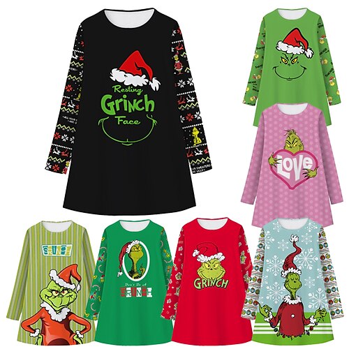 

Grinch Kids Girls' Ugly Dress Cartoon A Line Dress Dress Christmas Long Sleeve Princess Dress 3-10 Years Winter Green Black Blue