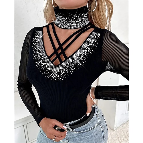 

Women's Blouse Shirt Black Plain Mesh Cut Out Long Sleeve Casual Weekend Streetwear High Neck Regular M