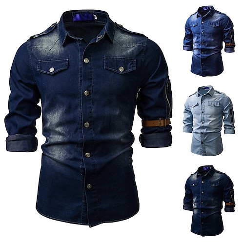 

Men's Denim Shirt Color Block Turndown Sea Blue Blue Light Blue Street Daily Long Sleeve Button-Down Clothing Apparel Fashion Casual Comfortable