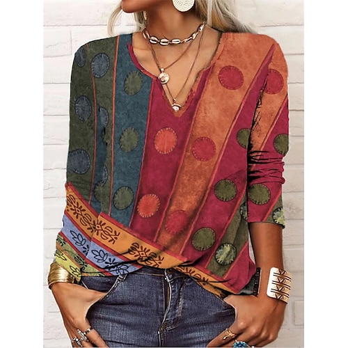 

Women's T shirt Tee Red Geometric Patchwork Print Long Sleeve Casual Daily Ethnic V Neck Regular S