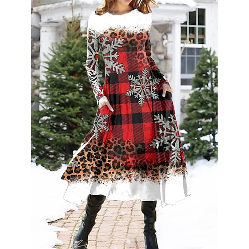 

Women's Christmas Casual Dress Swing Dress Midi Dress Red Long Sleeve Leopard Pocket Winter Fall Autumn Fashion Daily Weekend 2022 S M L XL XXL 3XL