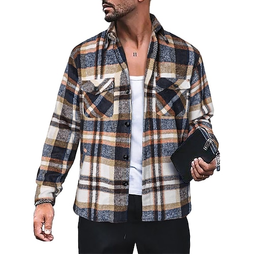 

Men's Flannel Shirt Shirt Jacket Shacket Shirt Plaid / Check Turndown Blue Street Daily Long Sleeve Button-Down Clothing Apparel Basic Fashion Casual Comfortable