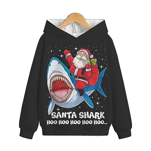 

Kids Boys Ugly Christmas Hoodie Pullover Graphic Santa Claus Shark Long Sleeve Pocket Children Top Outdoor Hoodie Active Cute Black Winter 7-13 Years