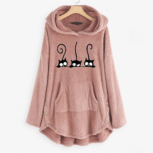 

Women's Plus Size Tops Hoodie Sweatshirt Animal Cat Embroidered Pocket Long Sleeve Hooded Casual Daily Vacation Polyester Winter Fall Black And White Green / Weekend