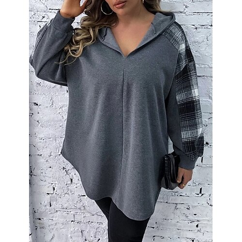 

Women's Plus Size Tops Hoodie Sweatshirt Plaid Print Long Sleeve Hooded Casual Modern Daily Vacation Polyester Winter Fall Dark Gray