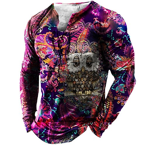 

Men's T shirt Tee Tee Graphic Animal Owl Collar Blue Purple 3D Print Outdoor Street Long Sleeve Lace up Print Clothing Apparel Basic Designer Casual Classic