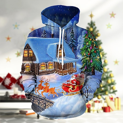 

Men's Pullover Hoodie Sweatshirt Cartoon 3D Ugly Christmas Hooded Christmas 3D Print Casual Christmas Hoodies Sweatshirts Long Sleeve Blue