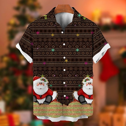 

Men's Shirt Graphic Shirt Santa Claus Snowflake Turndown Brown 3D Print Christmas Street Short Sleeves Button-Down Print Clothing Apparel Vintage Designer Casual Breathable / Summer / Spring / Summer