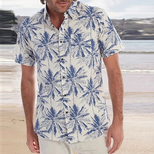 

Men's Shirt Aloha Shirt Coconut Tree Graphic Prints Turndown Blue 3D Print Outdoor Street Short Sleeves Button-Down Print Clothing Apparel Tropical Fashion Hawaiian
