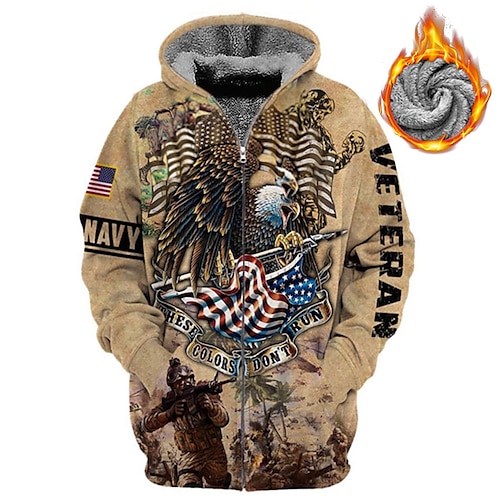 

Men's Fleece Jacket Full Zip Hoodie Fleece Hoodie Sherpa Jacket Khaki Hooded Graphic Prints Eagle National Flag Zipper Print Sports & Outdoor Daily Sports 3D Print Fleece Streetwear Designer Casual