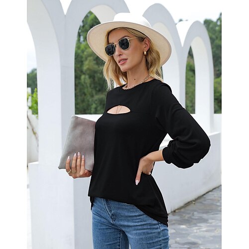 

cross-border amazon hot spring and autumn new long sleeve solid color hollow sexy top lantern sleeve t-shirt european beauty dress