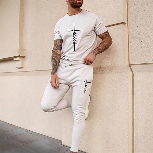 

Men's T-shirt Suits Shorts and T Shirt Set Graphic Prints Cross Crew Neck Khaki Beige Gray Hot Stamping Street Daily Short Sleeve Print Clothing Apparel 2pcs Fashion Designer Casual Comfortable