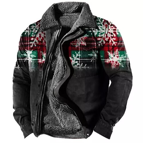 

Men's Coat Warm Christmas Zipper Plaid Snowflake 3D Printed Graphic Turndown Fashion Jacket Outerwear Long Sleeve Pocket Fall & Winter