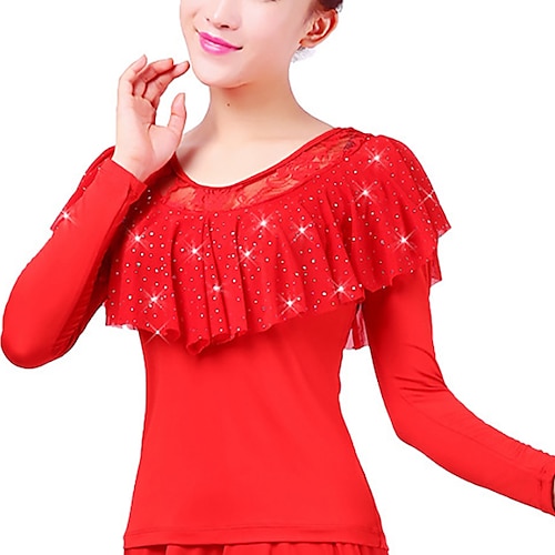 

Latin Dance Ballroom Dance Top Lace Pure Color Splicing Women's Performance Training Long Sleeve High Polyester