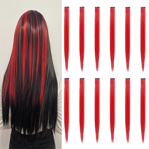 

12 PCS Red Hair Extensions Party Highlights SOYZMYX Colored Hairpieces Clip in Synthetic Hair Extensions 22 inch Colorful Straight Hair Accessories for Girls Women Kids in Halloween