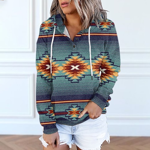

Women's Hoodie Sweatshirt Pullover Basic Ethnic Button Green Blue Purple Geometric Street Hoodie Long Sleeve S M L XL 2XL 3XL