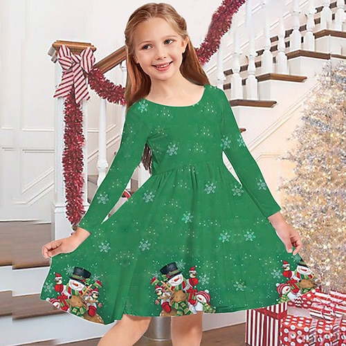 

Kids Girls' Christmas Dress Snowman Casual Dress Above Knee Dress Christmas Gifts Crewneck Long Sleeve Adorable Dress 2-13 Years Winter Green