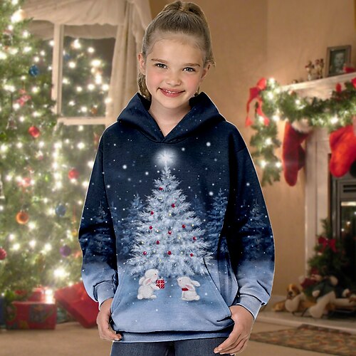 

Kids Girls' Ugly Christmas Hoodie Christmas Tree Christmas Gifts Long Sleeve Pocket Cute 7-13 Years Winter Blue Navy Blue