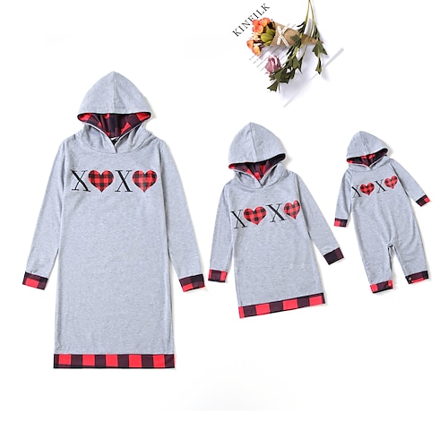 

Mommy and Me Dresses Heart Letter Causal Grey Long Sleeve Midi Basic Matching Outfits