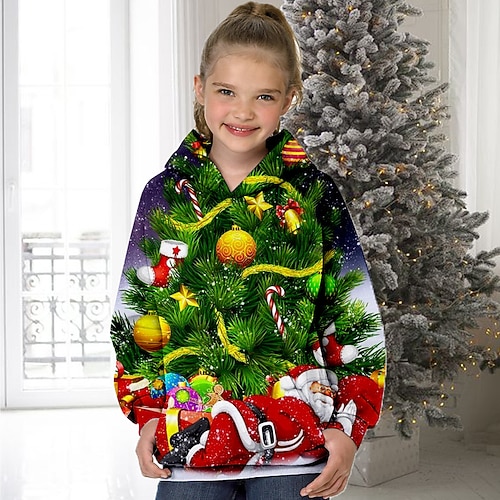 

Kids Girls' Ugly Christmas Hoodie Santa Claus Christmas Gifts Long Sleeve Pocket Cute 7-13 Years Winter Green Red