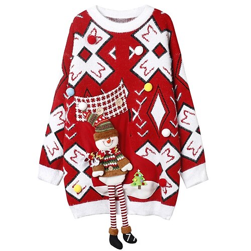 

Women's Ugly Christmas Sweater Pullover Sweater Jumper Ribbed Knit Knitted Geometric Crew Neck Stylish Casual Outdoor Christmas Winter Fall Red White One-Size