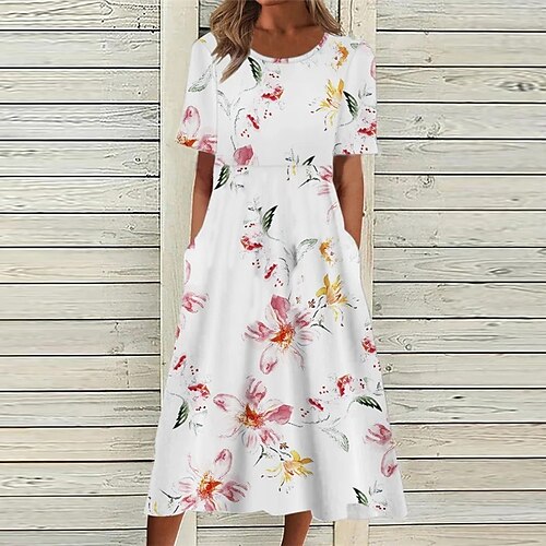 

Dame Skift Kjole Swing Kjole Midikjole Hvid Kortærmet Blomstret Lomme Forår Sommer Rund hals Stilfuld Løstsiddende 2023 S M L XL XXL 3XL