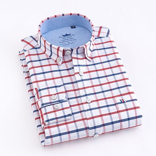 

Men's Casual Shirt Standard Fit Long Sleeve Lapel Plaid Cotton Blue Red 2022