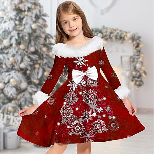 

Kids Girls' Christmas Dress Snowflake Casual Dress Above Knee Dress Christmas Gifts Fur Trim Crew Neck Long Sleeve Adorable Dress 2-13 Years Winter Blue Wine