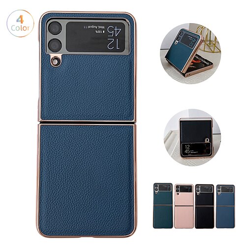 

Phone Case For Samsung Galaxy Back Cover Z Flip 4 Z Flip 3 Plating Four Corners Drop Resistance Shockproof Solid Colored Genuine Leather