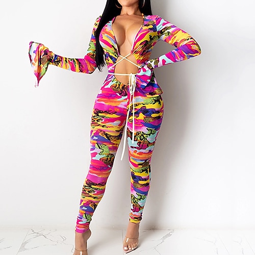 

Women's Jumpsuit Lace up High Waist Camo / Camouflage V Neck Sexy Club Bar Regular Fit Long Sleeve Fuchsia S M L Winter
