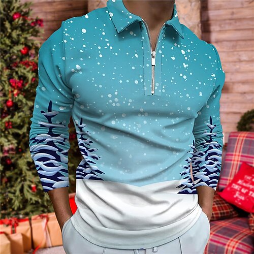 

Men's Collar Polo Shirt Golf Shirt Tree Gradient Graphic Prints Turndown Blue Orange 3D Print Christmas Street Long Sleeve Zipper Print Clothing Apparel Fashion Designer Casual Soft