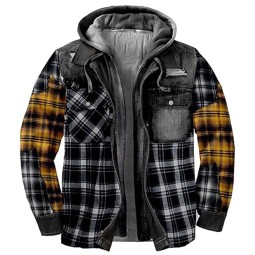 

Men's Casual Jacket Flannel Jacket Warm Daily Wear Vacation Going out Zipper Hooded Outdoor Comfort Leisure Jacket Outerwear Grid / Plaid Patterns Zipper Pocket Dark Yellow Black Blue