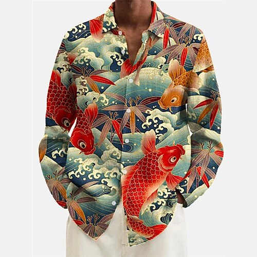 

Men's Shirt Graphic Prints Carp Turndown Blue 3D Print Outdoor Street Long Sleeve Button-Down Print Clothing Apparel Fashion Designer Casual Soft